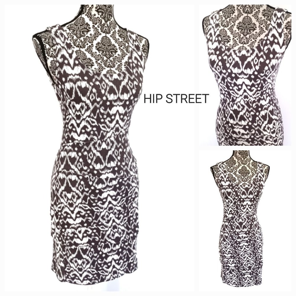INC Sleevless Jersey Asymmetric Bands Stretch Ikat Print Sheath Dress S